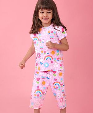 Babyhug Cotton Knit Half Sleeves Capri Night Suit With Floral Print - Pink