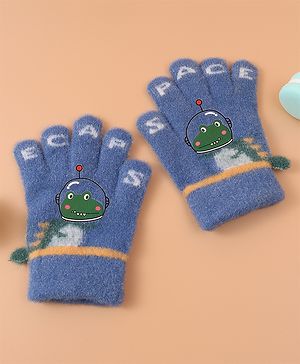Babyhug Woollen Gloves with Crocodile Print - Navy