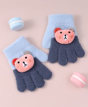 Babyhug Woollen Gloves with Bear Applique - Blue