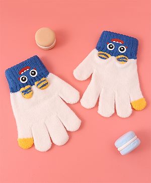 Babyhug Woollen Gloves with Cartoon Print - White