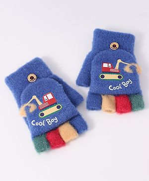Babyhug Woollen Gloves with Vehicle Print - Navy Blue
