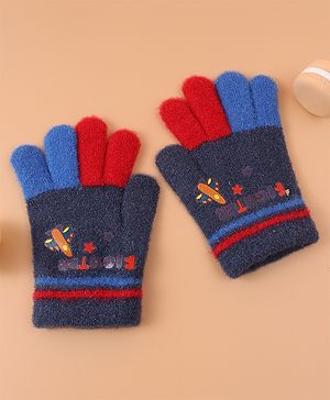 Babyhug Woollen Gloves with Airplane & Star Print - Navy