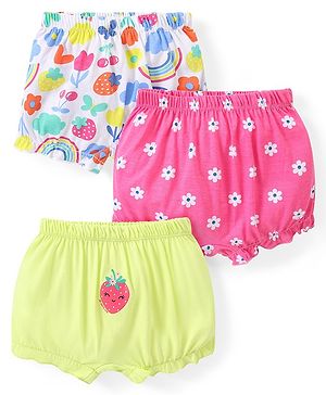 Babyhug 100% Cotton Knit Bloomers with Floral & Strawberry Print Pack of 3 - Multicolour