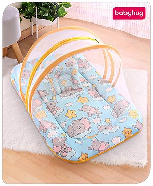 Babyhug Cotton Mattress Set with Mosquito Net Elephant Print - Blue
