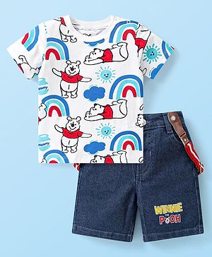Babyhug Disney Cotton Woven Half Sleeves T-Shirt & Denim Shorts Set With Suspender Winnie The Pooh Print  White & Blue