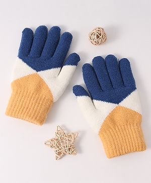 Pine Kids Woollen Gloves With Colour Block Design - Navy Blue & Yellow
