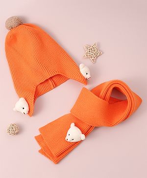 Babyhug Woollen Cap & Muffler Set with Bear Applique -Orange