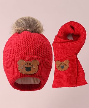 Babyhug Woollen Cap & Scarf with Bear Patch & Pom Pom - Red