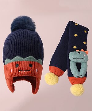Babyhug Woolen Cap & Muffler Set with Pom Pom - Dark Blue