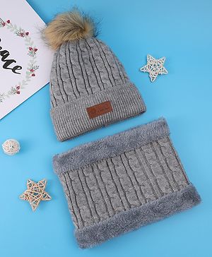 Pine Kids Woolen Cap & Muffler Set with Pom Pom - Grey