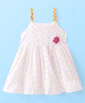 Babyhug Cotton Woven Singlet Printed Frock With Floral Applique - White