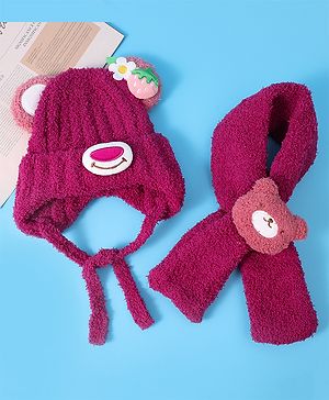 Babyhug Woolen Cap & Muffler Set with Teddy Bear Applique - Fuchsia