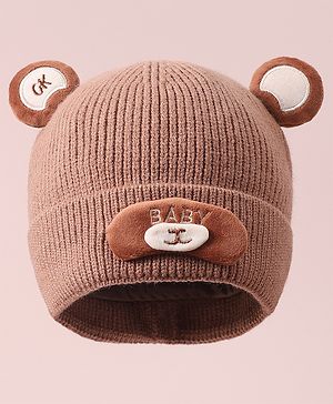 Babyhug Woollen Cap with Knot & Applique - Brown