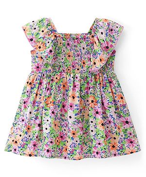 Babyhug Knitted Cotton Frill Sleeves Frock With Floral Print - Multicolour