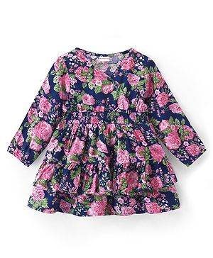 Babyhug Cotton Knit Full Sleeves Frock With Floral Print - Multicolour