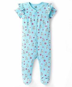 Doodle Poodle Cotton Knit Half Sleeves with Frill Detailing Sleepsuit Bunny & Floral Print - Blue