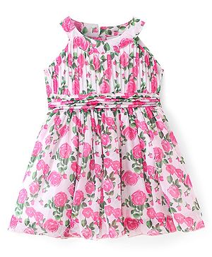 Babyhug Woven Sleeveless Pleated Frock Floral Print - White