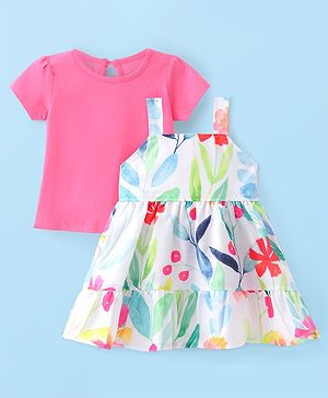 Babyhug Woven Tiered Frock Floral Print with Half Sleeves Solid Inner Top -White & Pink