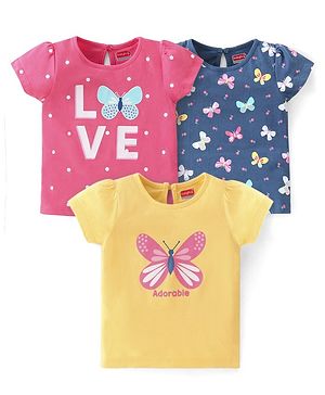 Babyhug 100% Cotton Knit Half Sleeves T-Shirt with Butterfly Graphics Pack of 3 - Multicolour