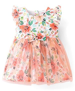 Babyhug Woven Frill Sleeves Frock with Bow Applique & Floral Print - White