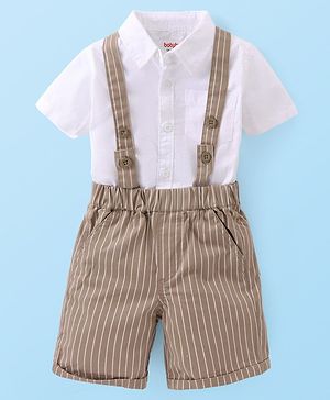 Babyhug Cotton Woven Half Sleeves Solid Color Shirt & Striped Shorts With Suspender - White & Beige