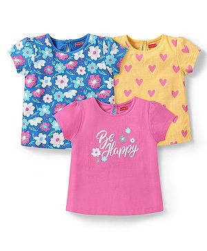 Babyhug Cotton Knit Half Sleeves Floral & Heart Printed Tops Pack of 3 - Pink Yellow & Blue