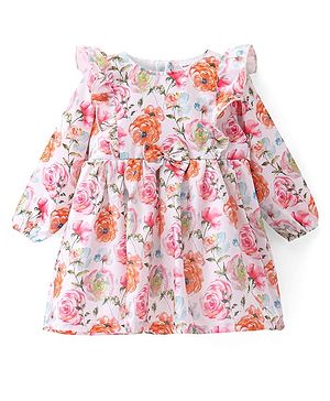 Babyhug Woven Full Sleeves Floral Printed Frock With Bow & Frill Detail - White