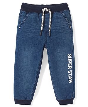 Babyhug Full Length Denim Washed Jogger with Stretch Text Print with Pocket Detailing - Blue