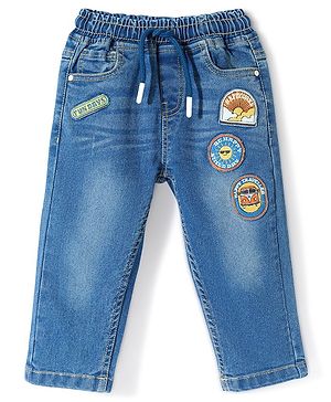 Babyhug Cotton Full Length Stretchable Denim Washed Jeans with Text Embroidered - Blue