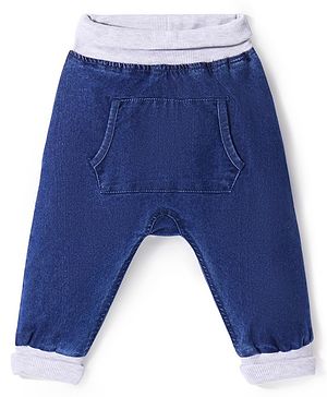 Babyhug Denim Full Length  Stretchable Joggers With Fox Print - Blue