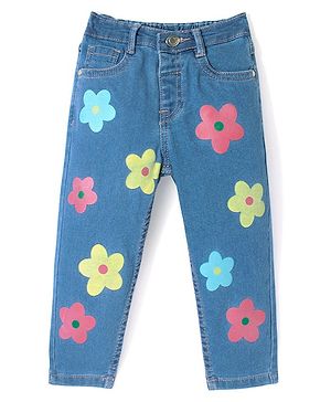 Babyhug Full Length Denim Washed Jeans with Stretch Floral Print - Blue