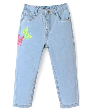 Babyhug Full Length  Denim Washed Jeans with Stretch Butterfly Embroidery - Light Blue
