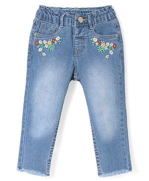 Babyhug  Full Length Denim Jeans with Floral Print - Blue