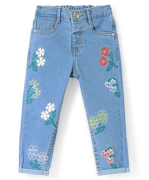 Babyhug Denim Full Length Floral Embroidered Stretchable Jeans - Blue
