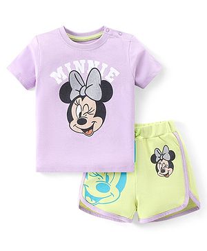 Babyhug Disney Cotton Knit Half Sleeves T-Shirt & Shorts Set with Front and Back Minnie Mouse Graphics - Purple & Green
