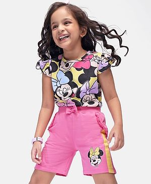Babyhug Disney Cotton Knit Flutter Sleeves Top & Shorts Set With Minnie Mouse Graphics - Multicolor