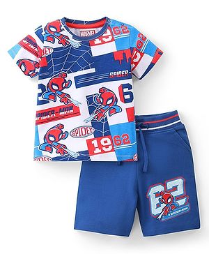 Babyhug Marvel Cotton Knit Half Sleeves T-Shirt & Shorts Set With Spider Man Print - White & Navy