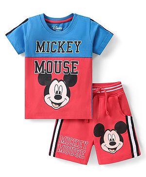 Babyhug Disney Cotton Knit Half Sleeves T-Shirt & Shorts Set with Mickey Mouse Graphics - Blue & Red