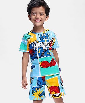 Babyhug Marvel Cotton Knit Half Sleeves T-Shirt & Shorts Set With Avengers Print - Blue