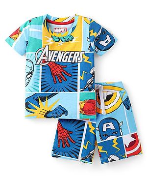 Babyhug Marvel Cotton Knit Half Sleeves T-Shirt & Shorts Set With Avengers Print - Blue