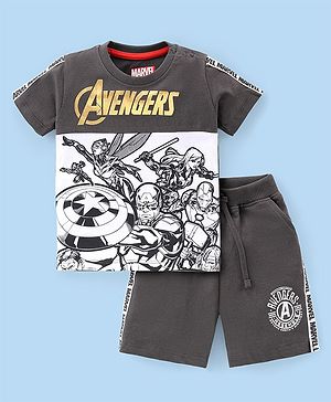 Babyhug Marvel Cotton Knit Half Sleeves T-Shirt & Shorts Set With Avengers Graphics - Black