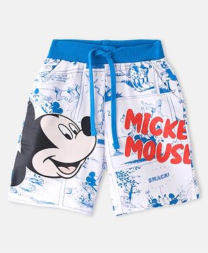 Babyhug Disney  Cotton Terry Knit Shorts With Mickey Mouse Print - Blue & White