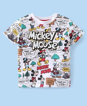 Babyhug Disney Cotton Knit Half Sleeves T-Shirt With Mickey Mouse Print - White