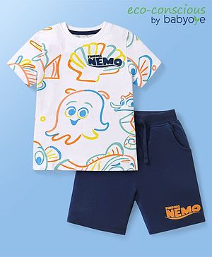 Babyoye Disney Cotton Knit Half Sleeves T-Shirt & Shorts Set With Finding Nemo Print - Navy & White