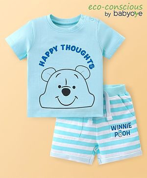 Babyoye Disney Cotton Knit Half Sleeves T-Shirt & Shorts Set With Winnie The Pooh Graphics - Light Blue