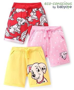 Babyoye Disney Cotton Knit Terry Shorts with 101 Dalmatians Graphics Pack of 3 - Red Pink & Yellow