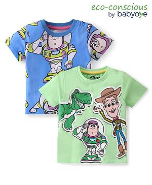 Babyoye Disney Cotton Knit Half Sleeves T-Shirts with Toy Story Print Pack of 2 - Green & Blue