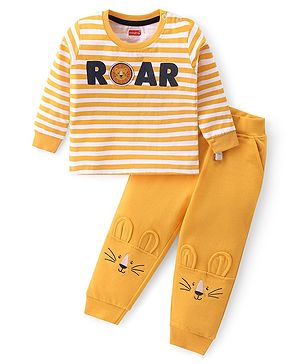 Babyhug Cotton Knit Full Sleeves Striped T-Shirt & Pants Set With Text Print - Yellow