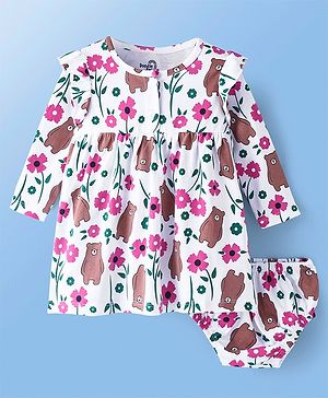 Doodle Poodle 100% Cotton Knit Half Sleeves Frock & Bloomer With Bear & Floral Print - White