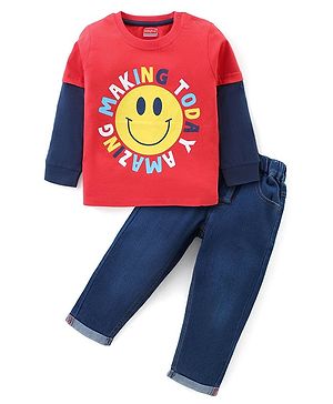 Babyhug Single Jersey Knit Doctor Sleeves T-Shirt & Denim Jeans Set With Emoticon & Text Print - Red & Blue